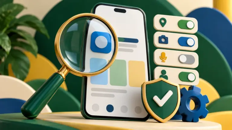 Ilustração de celular, lupa e controles de permissões para conferir um aplicativo antes de instalar.