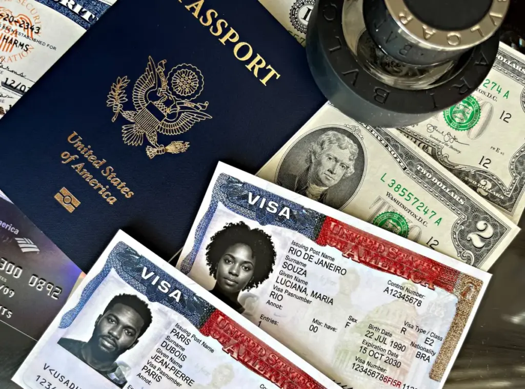 Close-up de um passaporte americano, documentos de visto, dinheiro e carimbos.