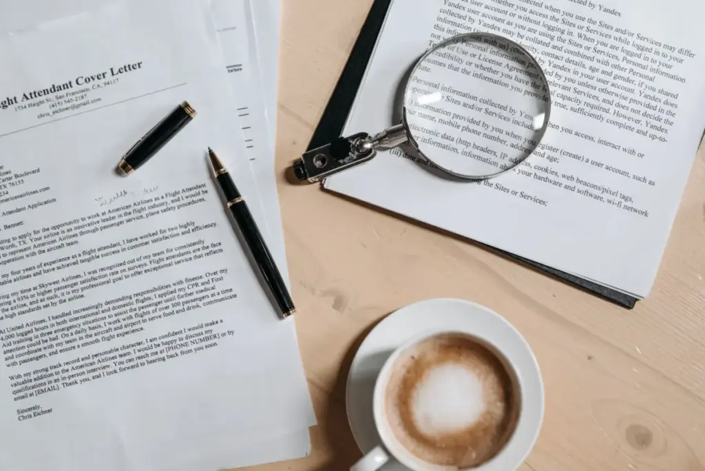 Vista superior de café e documentos de candidatura de emprego com uma lupa sobre uma mesa de madeira.