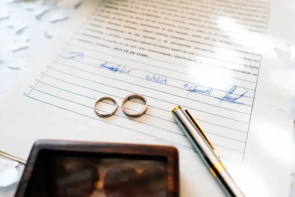 Alianças de casamento elegantes colocadas sobre uma certidão de casamento assinada, simbolizando compromisso.