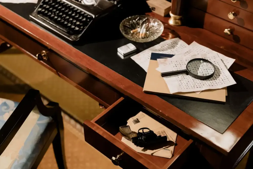 Uma mesa de detetive vintage e soturna com máquina de escrever, lupa e documentos secretos.