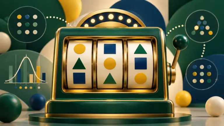Ilustração de máquina de slots com formas geométricas e gráficos abstratos de aleatoriedade.