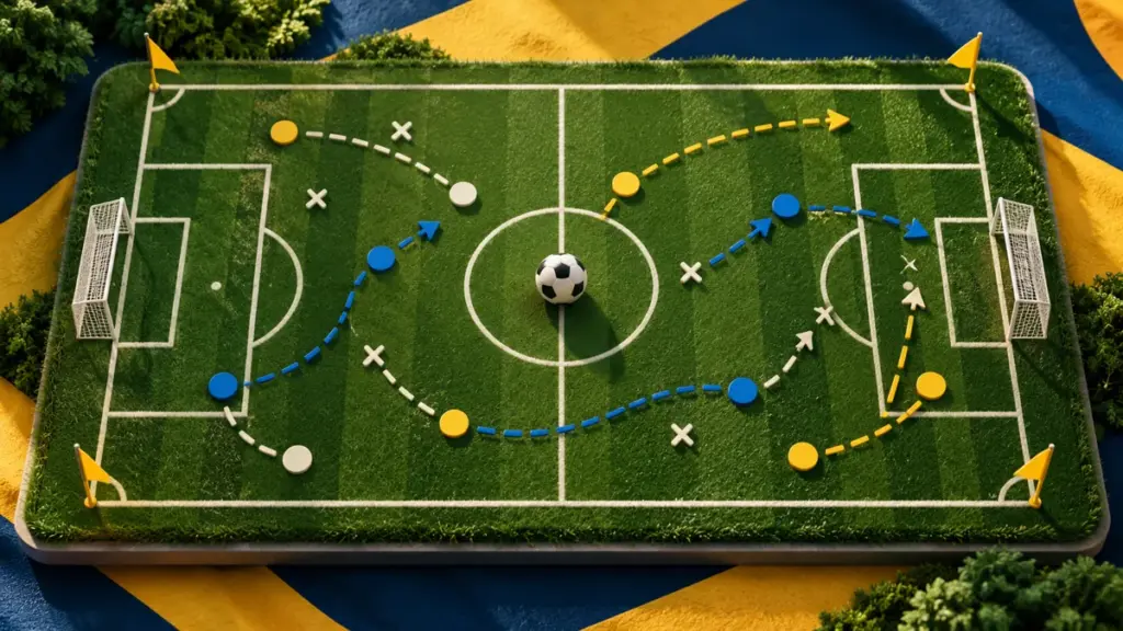 Ilustração de campo de futebol em miniatura, bola, bandeiras e trajetórias de jogo.
