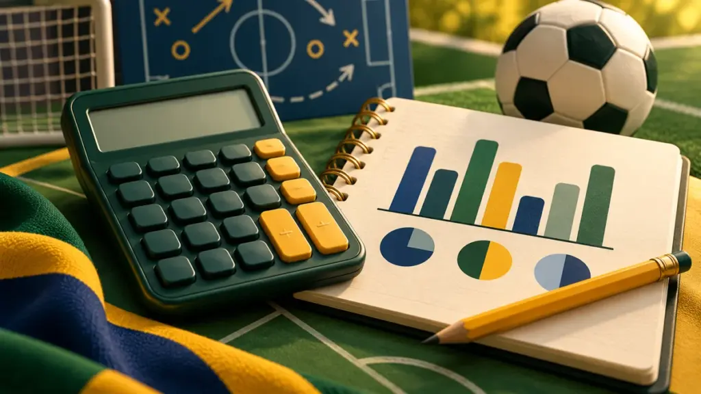 Ilustração de calculadora, gráficos de probabilidade e bola de futebol para explicar odds.