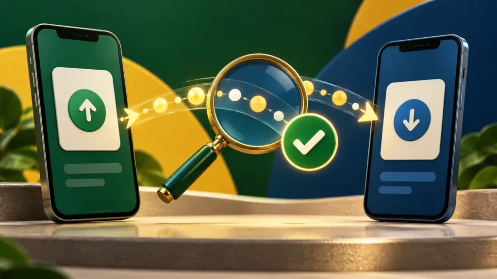 Ilustração de dois celulares, setas de transferência e lupa para conferir depósitos e saques.